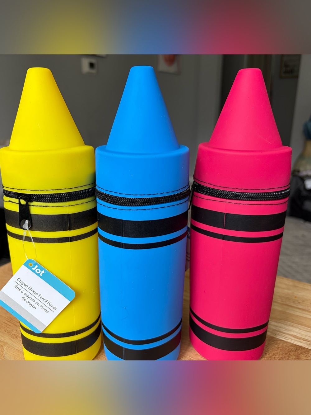 Crayon-Shaped Travel Pouches in Yellow, Blue & Pink